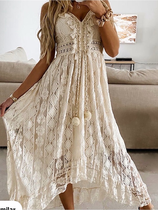 Source Unknown Dresses & Skirts - Boho Lace Hi-Lo Maxi Dress in Cream Lace with Tassels and Gold trim w/ Pom-Poms